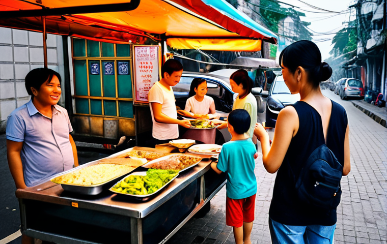 **
Prompt: A modern Vietnamese family happily using a shared car service app on their smartphones. The car is parked in front of a bustling Hanoi street food vendor. Focus on conveying trust, convenience, and the seamless integration of the sharing economy into daily life. Bright, optimistic lighting.
**