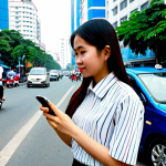 A young Vietnamese professional, fully clothed in modest, appropriate business casual attire, standing on a bustling city street in Ho Chi Minh City. They are holding a smartphone and looking at a ride-sharing app with a look of convenience. In the background, modern Grab motorbikes and cars are visible, blending with local traffic and a vibrant urban landscape featuring contemporary Vietnamese architecture. The scene conveys efficiency and urban mobility. Perfect anatomy, correct proportions, natural pose, well-formed hands, proper finger count, natural body proportions, professional photography, high quality, safe for work, appropriate content, fully clothed, modest, family-friendly.