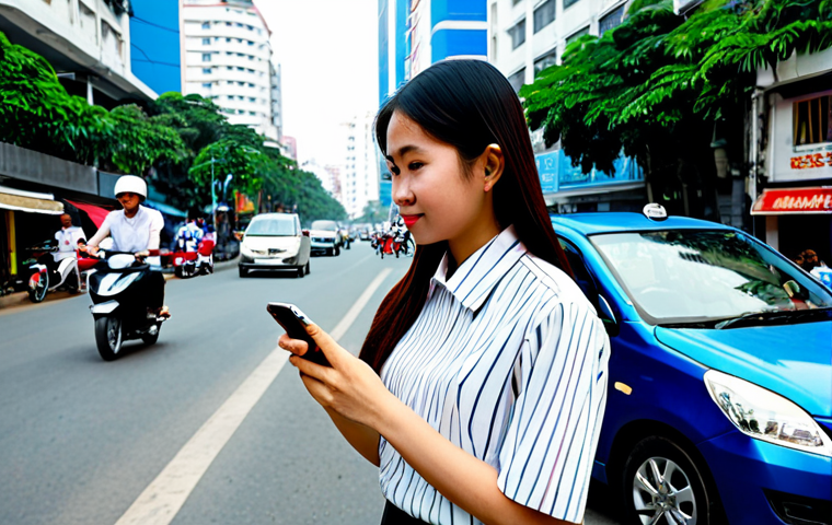 A young Vietnamese professional, fully clothed in modest, appropriate business casual attire, standing on a bustling city street in Ho Chi Minh City. They are holding a smartphone and looking at a ride-sharing app with a look of convenience. In the background, modern Grab motorbikes and cars are visible, blending with local traffic and a vibrant urban landscape featuring contemporary Vietnamese architecture. The scene conveys efficiency and urban mobility. Perfect anatomy, correct proportions, natural pose, well-formed hands, proper finger count, natural body proportions, professional photography, high quality, safe for work, appropriate content, fully clothed, modest, family-friendly.