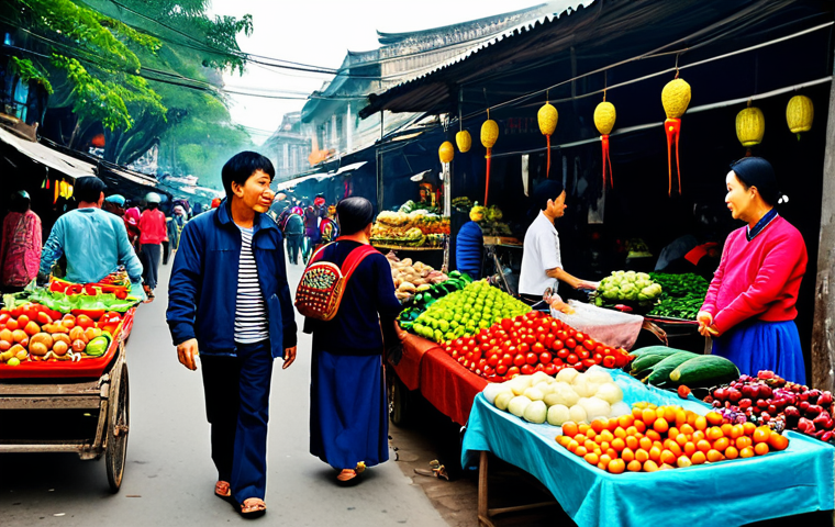 공유경제에서의 고객 세분화 전략 - Community Market Scene**
"A vibrant outdoor community market in Hanoi, Vietnam, bustling with peopl...