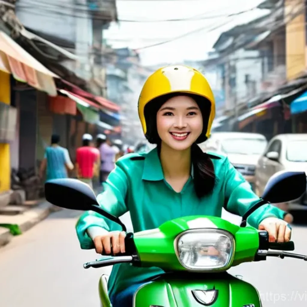 소셜미디어와 공유경제의 접목 - **Ride-Sharing in a Vietnamese City:** A vibrant and dynamic street scene in Ho Chi Minh City or Han...