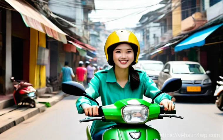 소셜미디어와 공유경제의 접목 - **Ride-Sharing in a Vietnamese City:** A vibrant and dynamic street scene in Ho Chi Minh City or Han...