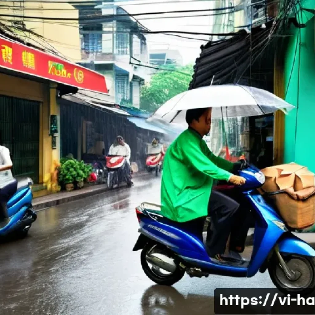 커뮤니티 기반 공유경제 모델 - A vibrant street scene in Ho Chi Minh City, Vietnam, during a light rain shower. A male GrabFood del...