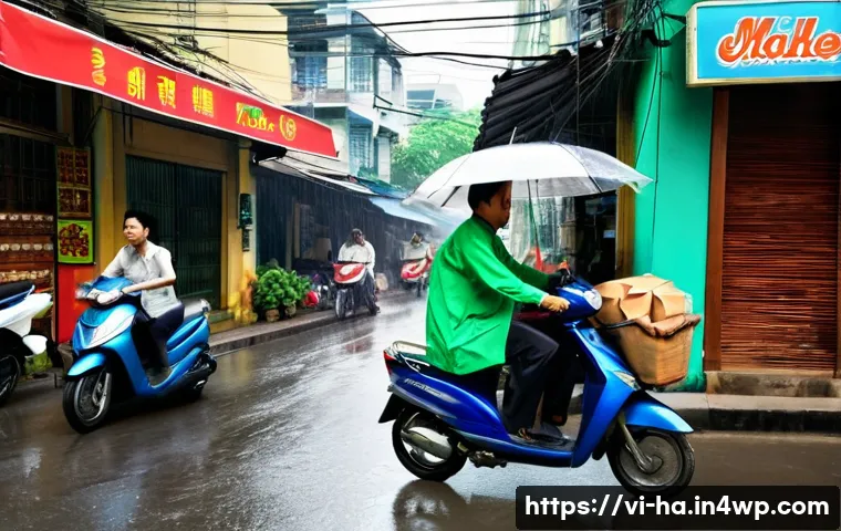 커뮤니티 기반 공유경제 모델 - A vibrant street scene in Ho Chi Minh City, Vietnam, during a light rain shower. A male GrabFood del...