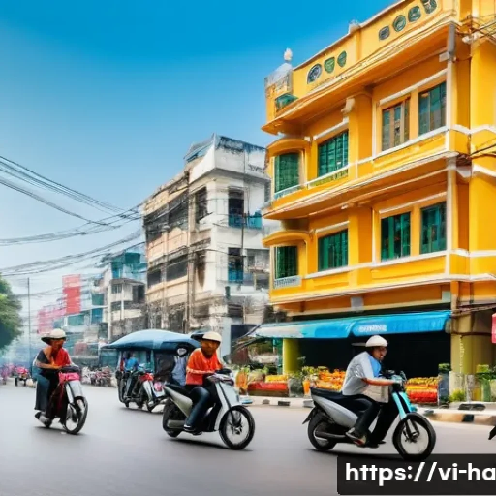 공유경제 모델의 성공 사례 - A vibrant urban street scene in Ho Chi Minh City featuring diverse people using shared electric bike...