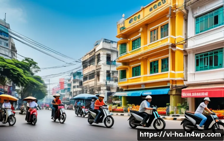 공유경제 모델의 성공 사례 - A vibrant urban street scene in Ho Chi Minh City featuring diverse people using shared electric bike...