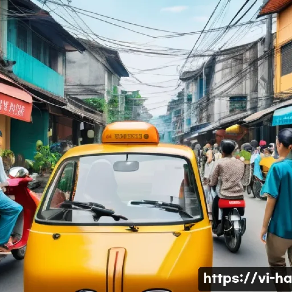 공유경제에서의 사용자 경험 향상 - A vibrant Vietnamese urban scene showing diverse users interacting with a mobile sharing economy app...
