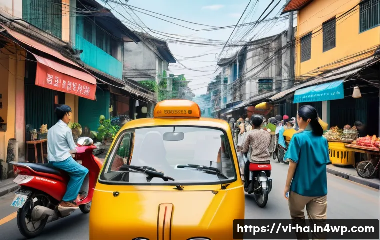 공유경제에서의 사용자 경험 향상 - A vibrant Vietnamese urban scene showing diverse users interacting with a mobile sharing economy app...