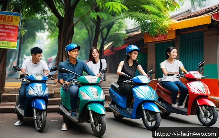 공유경제에서의 고객 충성도 구축 - A vibrant Vietnamese urban street scene featuring diverse young adults using a sleek, user-friendly ...