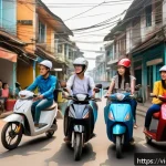 Home 20 공유경제 스타트업 성공 전략 - A vibrant Vietnamese city street scene showing diverse users engaging with sharing economy services:...