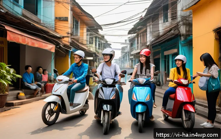 공유경제 스타트업 성공 전략 - A vibrant Vietnamese city street scene showing diverse users engaging with sharing economy services:...