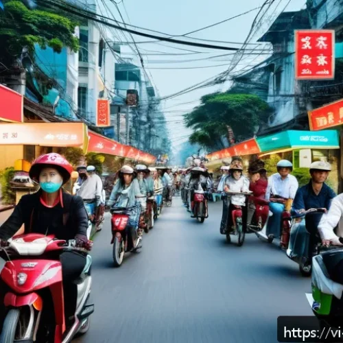 Home 31 공유경제에서의 혁신 사례 - A vibrant urban scene in Hanoi featuring diverse people using shared electric motorbikes and bicycle...