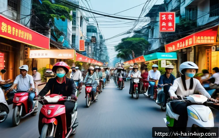 공유경제에서의 혁신 사례 - A vibrant urban scene in Hanoi featuring diverse people using shared electric motorbikes and bicycle...