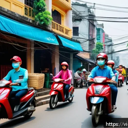Home 30 공유경제와 생산성 향상 - A bustling urban street scene in Hanoi during rush hour, showing diverse Vietnamese commuters using ...