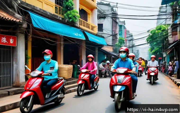공유경제와 생산성 향상 - A bustling urban street scene in Hanoi during rush hour, showing diverse Vietnamese commuters using ...