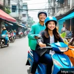 Home 23 플랫폼 비즈니스의 공유경제적 측면 - A bustling urban street scene in Vietnam featuring a diverse group of people using various digital p...
