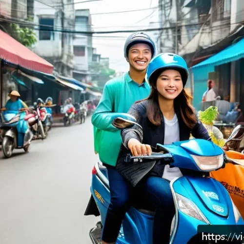 Home 17 플랫폼 비즈니스의 공유경제적 측면 - A bustling urban street scene in Vietnam featuring a diverse group of people using various digital p...