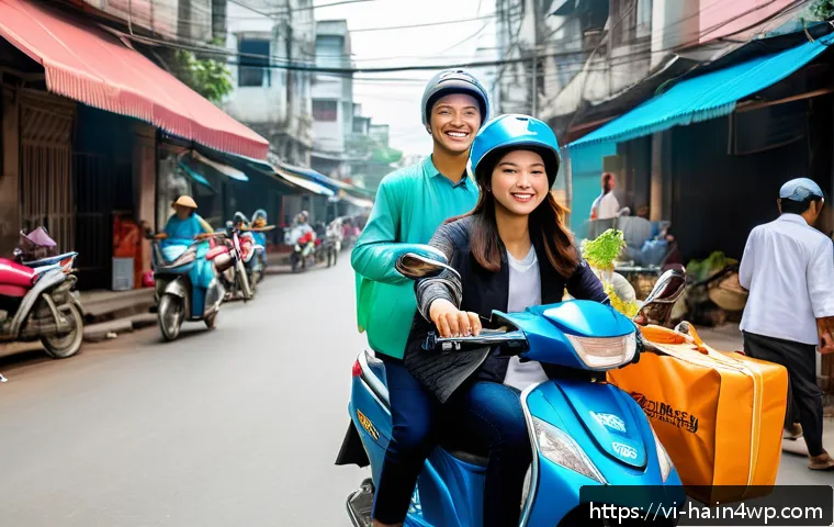플랫폼 비즈니스의 공유경제적 측면 - A bustling urban street scene in Vietnam featuring a diverse group of people using various digital p...